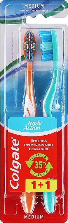 Набор зубных щеток "Тройное действие" средней жесткости, 2 шт, оранжевая, голубая - Colgate Triple Action Medium  — фото N1