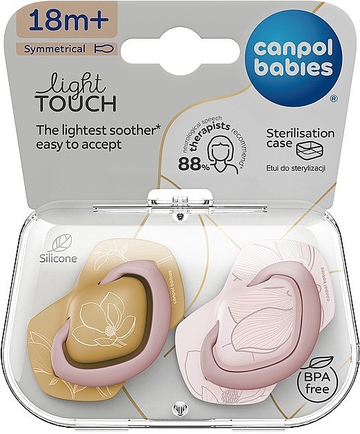 Пустышка силиконовая симметричная "Light Touch Gold", 18+ мес, розовая, 2 шт. - Canpol Babies — фото N3