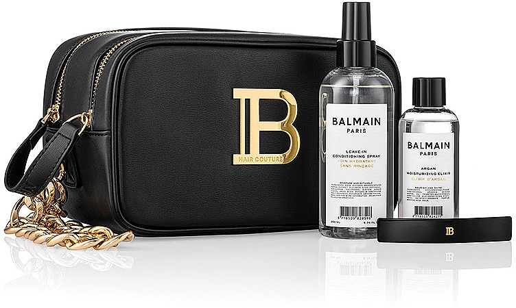 Набір - Balmain Paris Hair Couture Signature Black & Gold Pouch Gift Set (h/cond/200ml + h/elixir/100ml + h/clip/1pcs + bag/1pcs) — фото N1