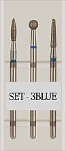 Стартовый набор фрез для плотной кутикулы в пластиковом контейнере, 3 шт, 243 021B, 001 035B, 850 021B - Nail Drill Set 1 Blue — фото N1