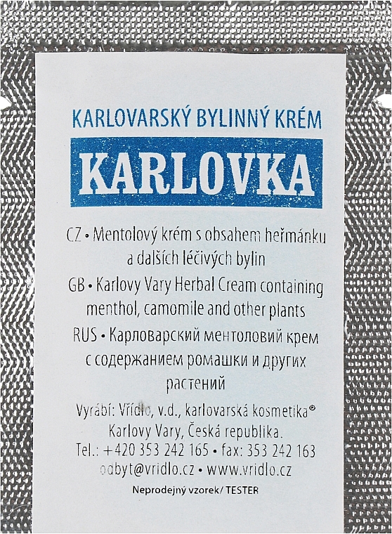 Крем для тіла з натуральним ментолом - Vridlo Карловарська косметика Karlovka (пробник) — фото N1