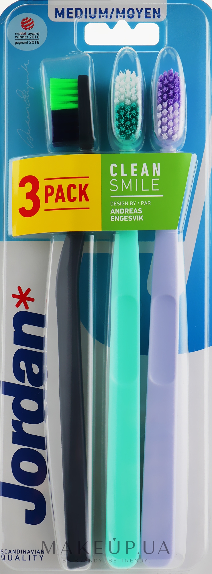 Зубная щетка, средняя, черная + бирюзовая + сиреневая - Jordan Clean Smile Medium — фото 3шт