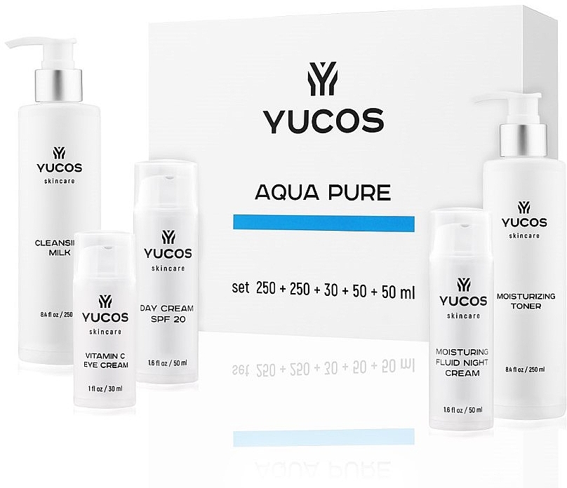 Набір - Yucos Aqua Pure (fluid/50ml + clea/milk/250ml + eye/cr/30ml + toner/250ml + d/cr/50ml) — фото N1