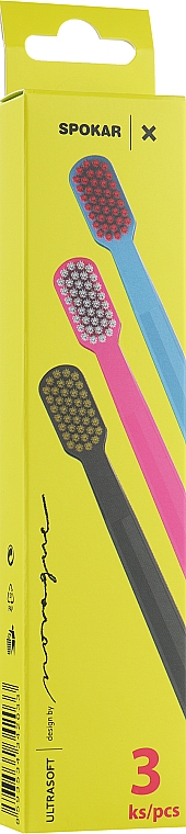 Набор зубных щеток "X", ультрамягких, сине-розовая + розово-белая + черно-желтая - Spokar X — фото N1
