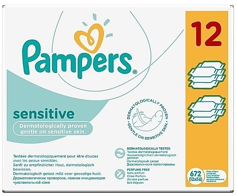 Детские влажные салфетки, 12 х 56 шт. - Pampers Sensitive Wipes — фото N1