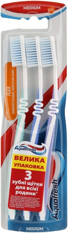 Набор зубных щеток средней жесткости, бирюзовая + голубая + сиреневая - Aquafresh Flex — фото N1