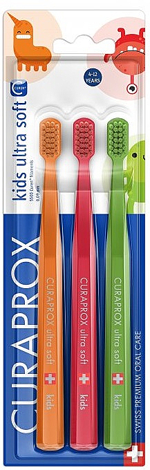 Набір зубних щіток для дітей 4-12 років, помаранчева + червона + зелена - Curaprox — фото N1