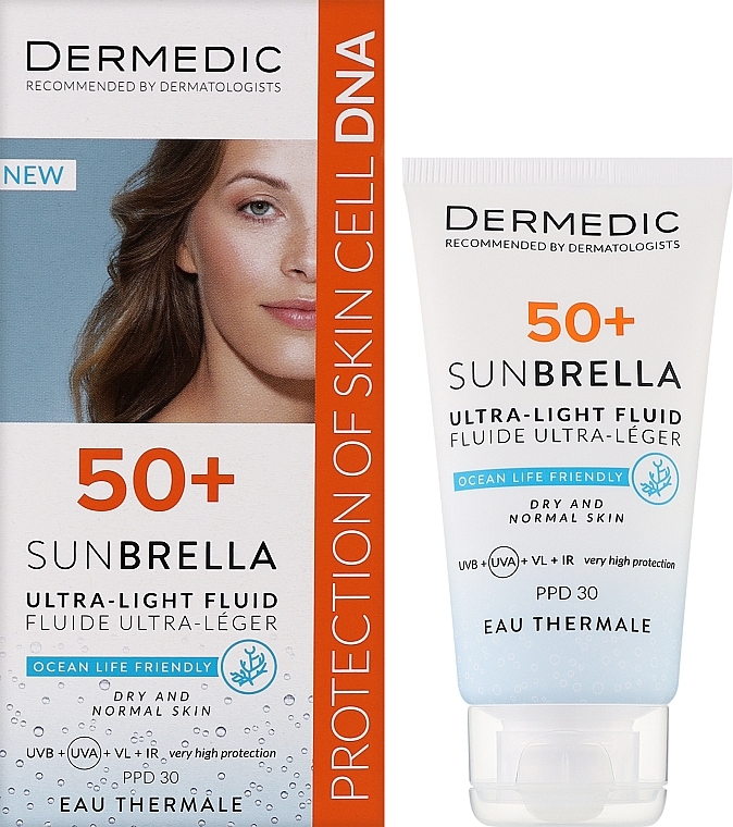 Ультралегкий захисний крем SPF 50+ для сухої та нормальної шкіри для захисту від повного спектру сонячних променів - Dermedic 50+ Sunbrella Ultra-light Fluid — фото N2