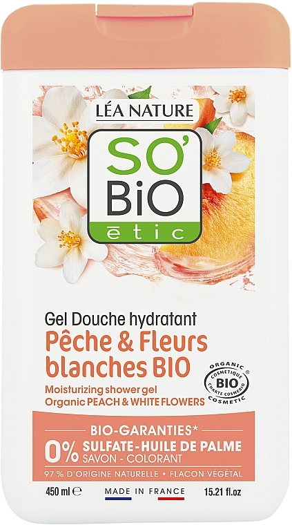 Увлажняющий гель для душа "Персик и белые цветы" - So'Bio Etic Moisturising Peach & White Flowers Shower Gel — фото N1