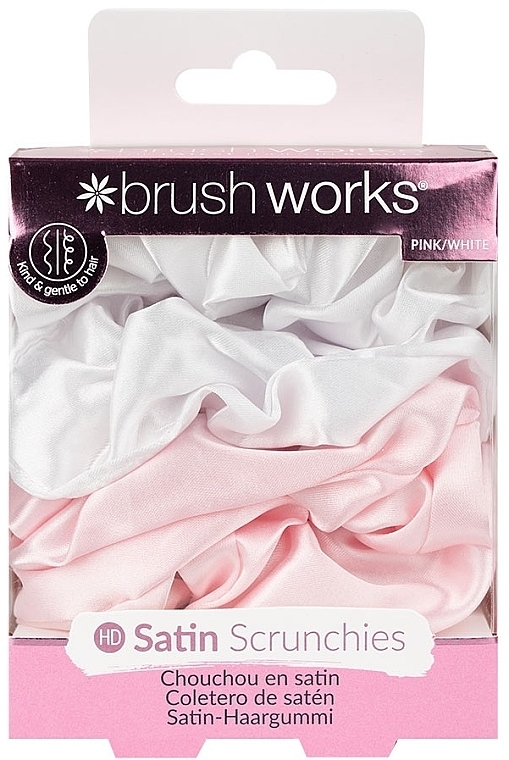Резинки для волосся атласні, рожеві та білі, 4 шт. - Brushworks Pink & White Satin Scrunchies — фото N1