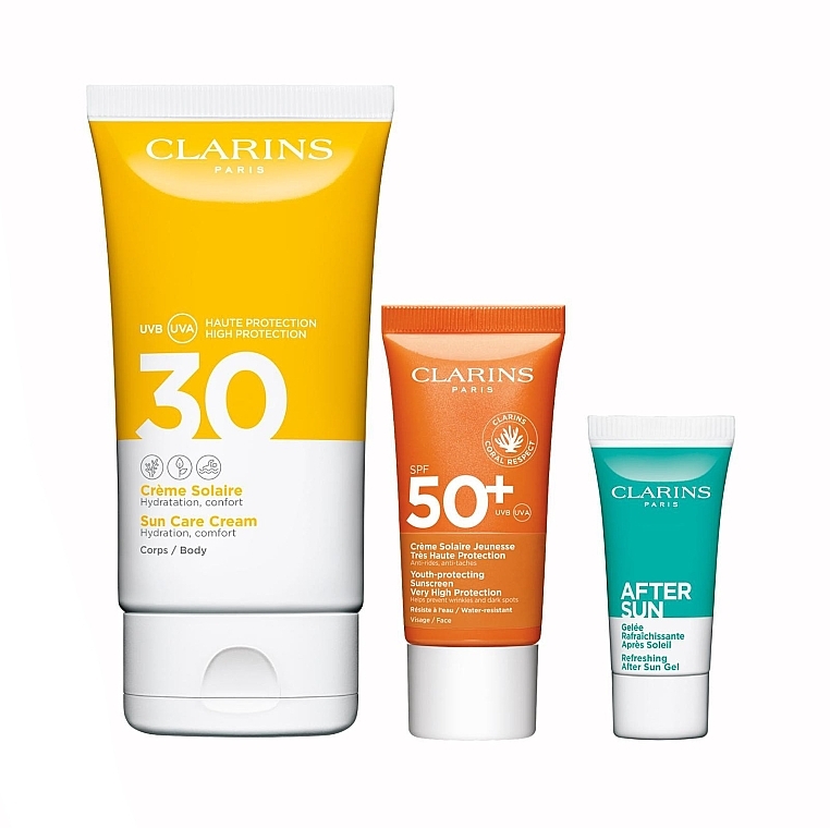 Набор - Clarins Sun Body Expert (b/cr/150ml + f/cr/30ml + gel/8ml + f/ser/1pc) — фото N1