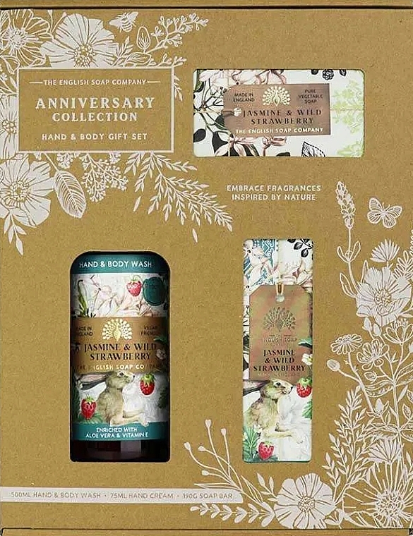 Набір - The English Soap Company Anniversary Collection Jasmine And Wild Strawberry Hand And Body Gift Box (soap/190g + h/cr/75ml + h/wash/500ml) — фото N1