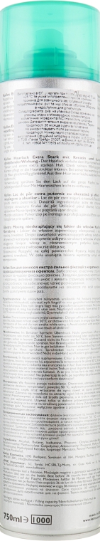 Лак-спрей для волосся екстрасильної фіксації з кератином і протеїнами шовку - Kallos Hair Spray Extra Strong Hold With Keratin and vapour repelling effect — фото N2