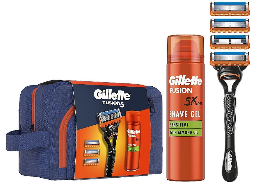 Набор - Gillette Fusion 5 (gel/200ml + razor/1pc + blade/4pcs + bag/1pc) — фото N2