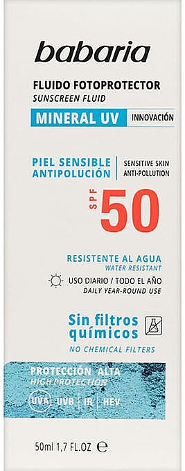 Защитный флюид без химических фильтров для лица SPF50 - Babaria Sun Mineral Fotoprotector Facial Fluid — фото N2
