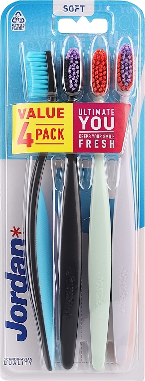 Зубная щетка мягкая, 4 шт, синяя + черная + мятная + белая - Jordan Ultimate You Soft Toothbrush — фото N1