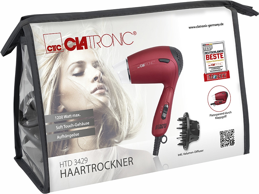 Фен для волос складной 1300 W, HTD 3429, красный - Clatronic Travel Hair Dryer — фото N6