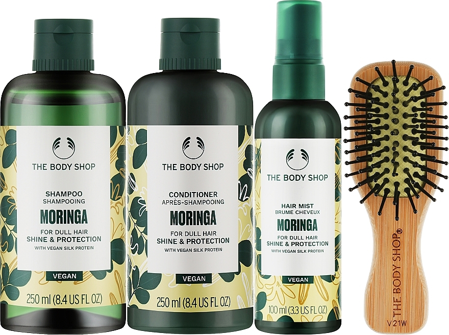 Набор - The Body Shop Sparkle & Shine Moringa Haircare Gift Christmas Gift Set (shm/250ml + cond/250ml + spray/100ml + h/brush/1pc) — фото N2