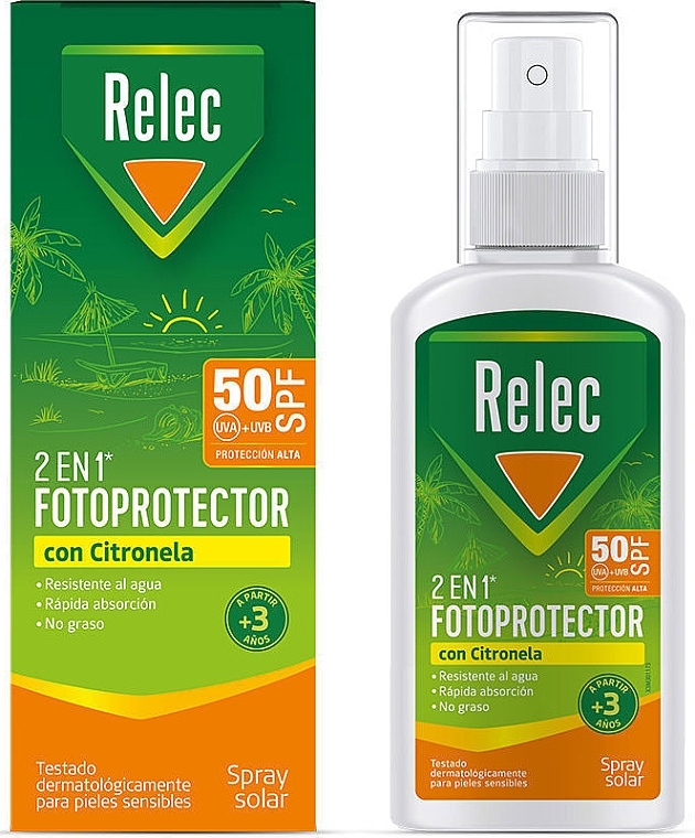 Солнцезащитный спрей-фотопротектор - Relec 2in1 Fotoprotector Citronella Spray SPF50 — фото N1