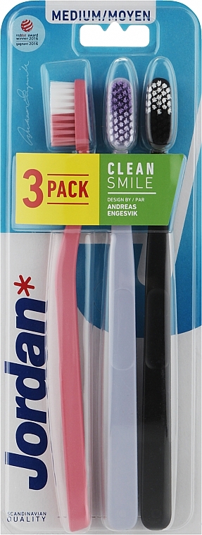 Зубная щетка средняя, 3 шт (розовая, сиреневая, черная) - Jordan Clean Smile Medium — фото N1