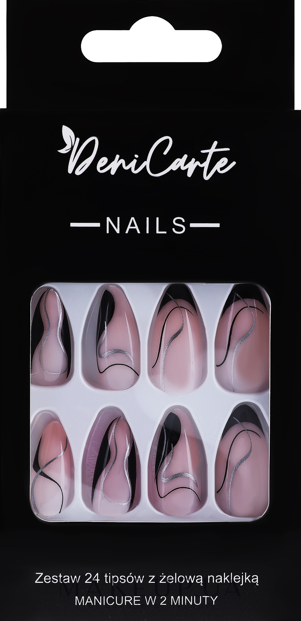 Накладные ногти с мотивом из нитей черного и серебристого цвета, 24 шт. - Deni Carte Nails Natural 2 Minutes Manicure  — фото 24шт