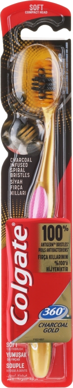Зубная щетка, мягкая, розово-золотая - Colgate 360 Charcoal Gold Soft Toothbrush — фото N1