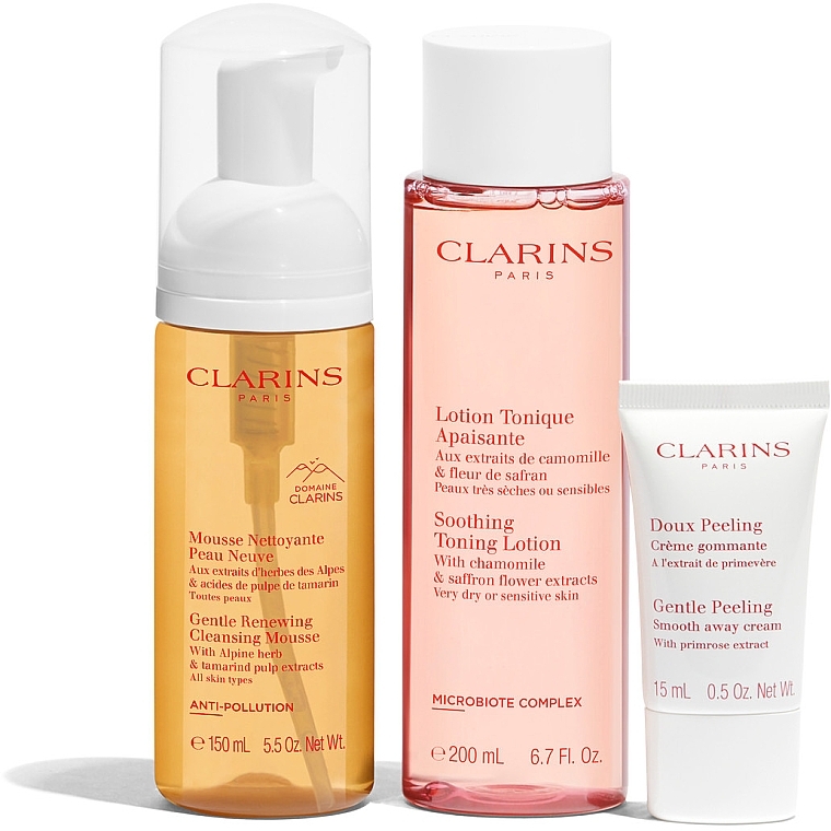 Набор - Clarins My Cleansing Essentials Sensitive Skin (mousse/150 ml + lot/200 ml + cr/15 ml + pouch) — фото N2