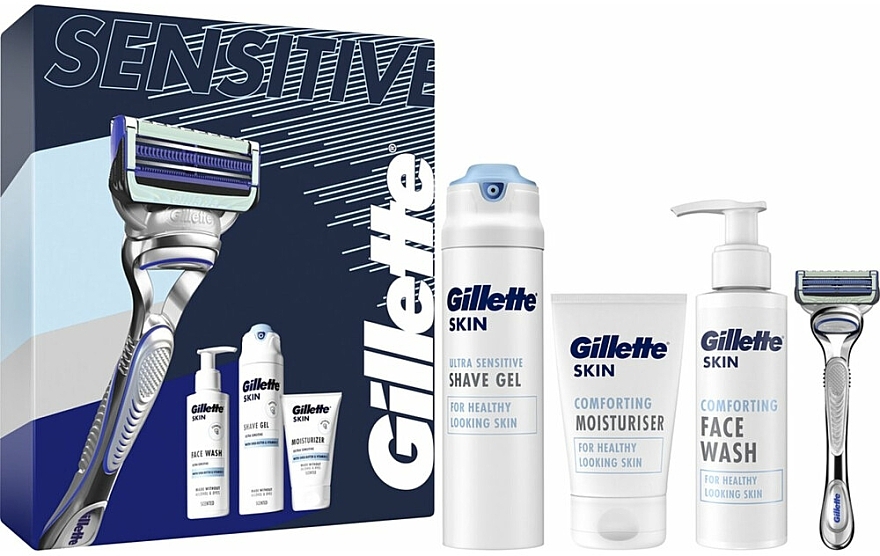 Набір - Gillette Skin Giftset Sensitive (shave gel/200ml + f/cr/100ml + f/gel/140ml + razor/1pc) — фото N1