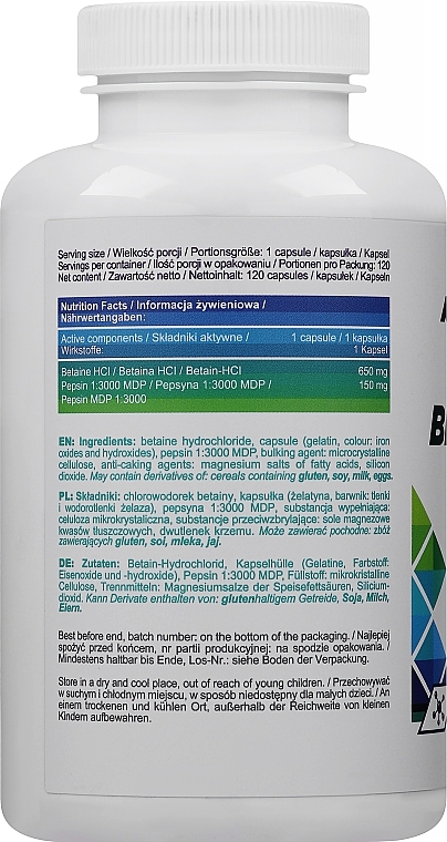 Харчова добавка "Бетаїн + Пепсин" - Allnutrition Betaine HCL+Pepsin — фото N2