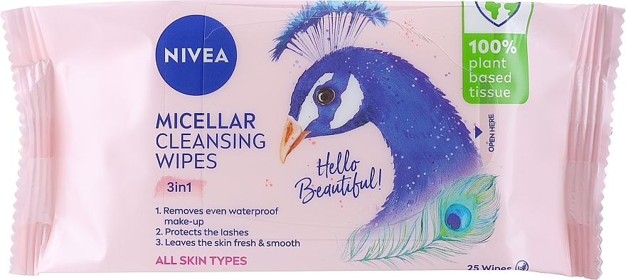 Біорозкладані міцелярні серветки для зняття макіяжу, 25 шт. - NIVEA Biodegradable Micellar Cleansing Wipes 3 In 1 Peacock — фото N1