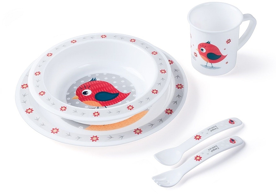 Набор посуды пластиковый "Птичка", 5 предметов, красный - Canpol Babies Cute Animals — фото N2