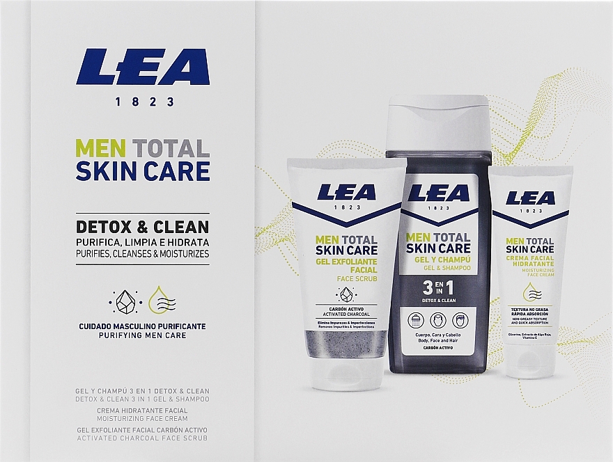 Набор - Lea Men Total Skin Care Detox & Clen (sh/gel/300ml + f/cr/75ml + f/scrub/150ml) — фото N2