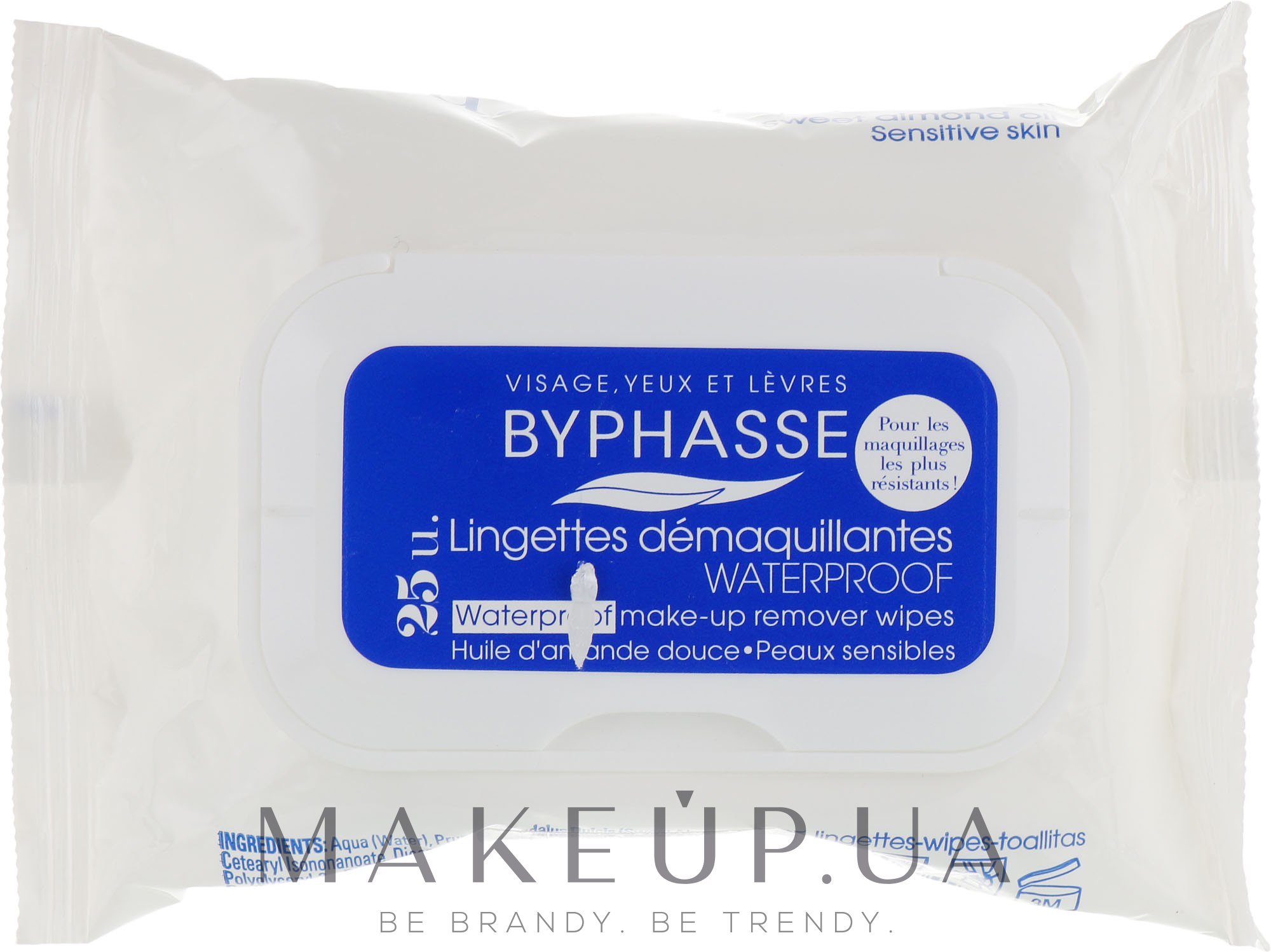 Серветки очищувальні для зняття водостійкого макіяжу - Byphasse Waterproof Make-up Remover Wipes Sensitive Skin — фото 25шт