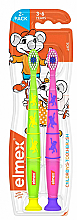 Детские зубные щетки (3-6 лет), салатовая + розовая с обезьянами, 2 шт. - Elmex Toothbrush — фото N1