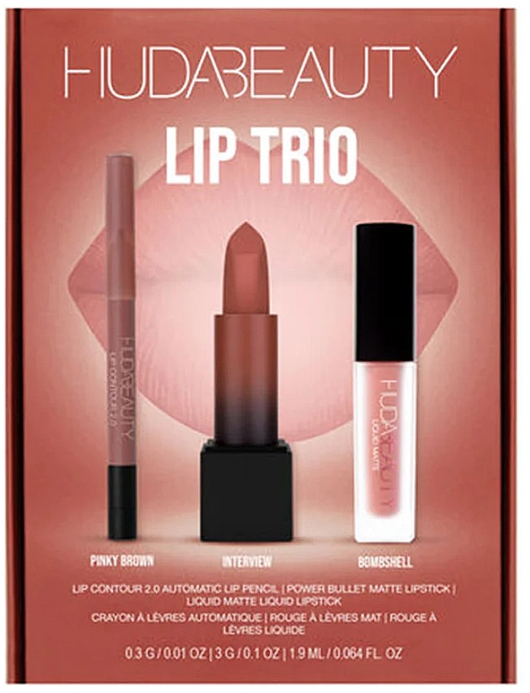 Набор - Huda Beauty The Ultimate Lip Trio Set Bombshell (lipstick/3g + lipstick/1.9ml + l/pencil/0.3g) — фото N1