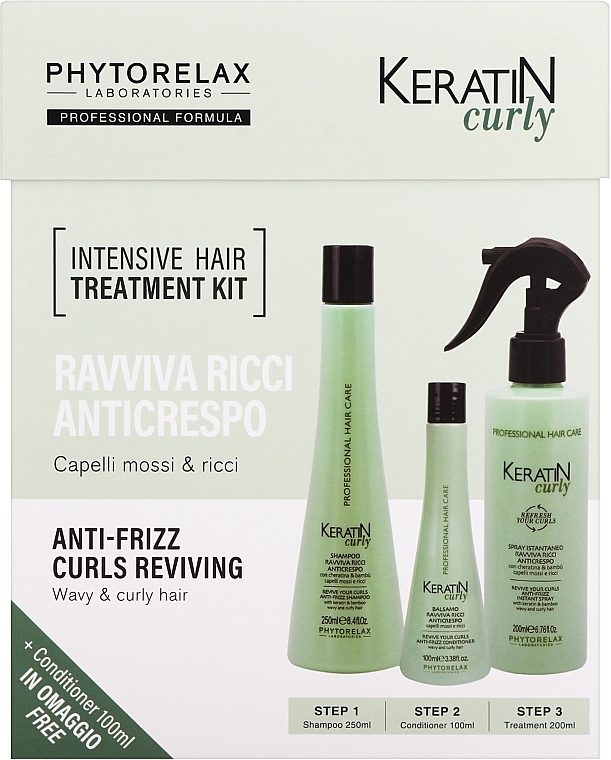 Набір - Phytorelax Laboratories Keratin Curly Intensive Hair Treatment Kit (shm/250ml + cond/100ml + h/spray/200ml)