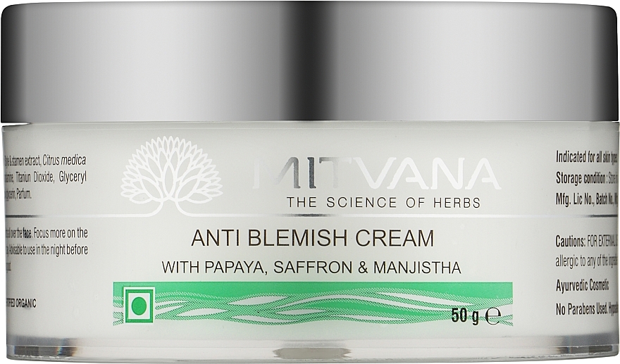 Крем проти недосконалостей шкіри - Mitvana Anti Blemish Cream with Papaya, Saffron & Manjistha