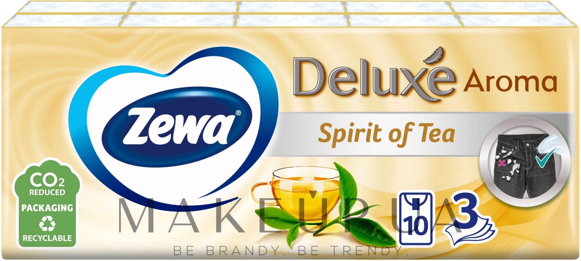 Носові хустинки паперові з ароматом зеленого чаю, тришарові, 10 упаковок по 10 шт - Zewa Deluxe Aroma Spirit Of Tea — фото 10x10шт