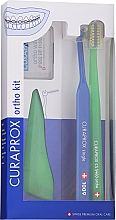 Набор, вариант 7 (салатовый, темно-синий) - Curaprox Ortho Kit (brush/1pcs + brushes 07,14,18/3pcs + UHS/1pcs + orthod/wax/1pcs + box) — фото N1