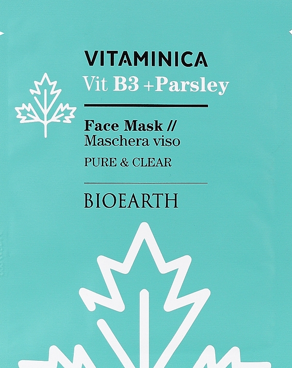 Маска целлюлозная очищающая и успокаивающая для чувствительной и комбинированной кожи лица - Bioearth Vitaminica Single Sheet Face Mask Vitb3 + Parsley