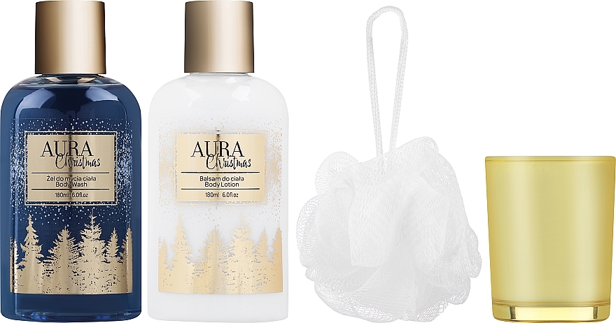 Набір - Aura Cosmetics Christmas Bath Set (body wash/180ml + b/lot/180ml + candle/1pc + b/sponge/1pc) — фото N3