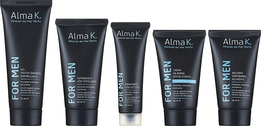 Набір із 5 продуктів - Alma K. Restory Essentials Kit for Men (sh/gel/75ml + clean/50ml + moist/30ml + sh/cr/40ml + af/balm/40ml) — фото N2