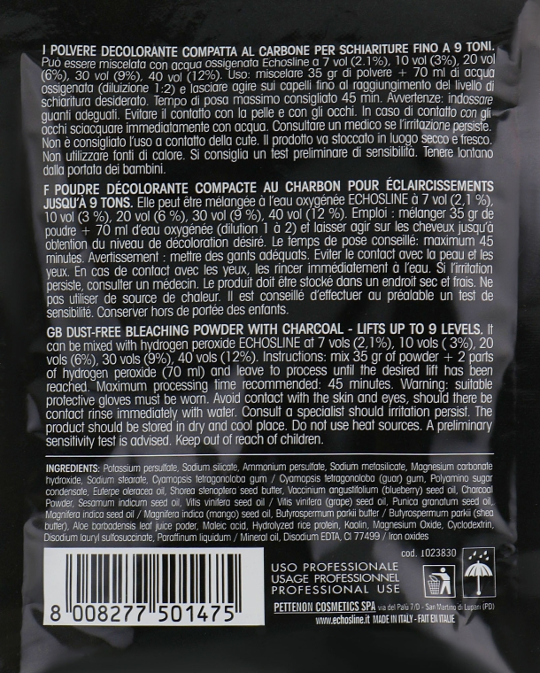 Обесцвечивающий угольный порошок для осветления до 9 тонов - Echosline 9 Charcoal Extra Bleach 9T — фото N4