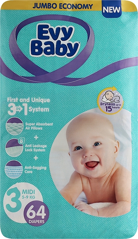 Підгузки дитячі гігієнічні одноразові Midi Elastic Jumbo 5-9 кг, 64 шт. - Evy Baby