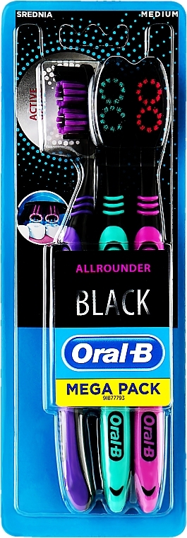 Зубная щетка, средней жесткости, "Всесторонняя чистка", 3 шт, цветные - Oral-B Allrounder Black Medium — фото N2