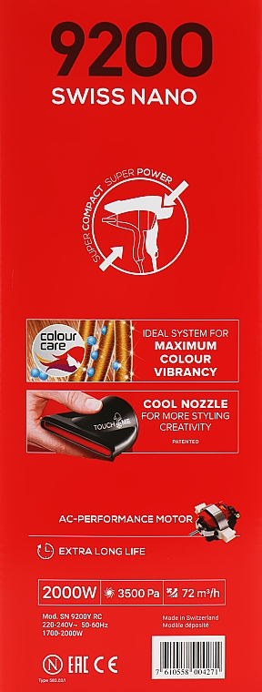 Профессиональный фен для волос SN9200YRC, красный - Valera Swiss Nano 9200 Ionic Rotocord — фото N4