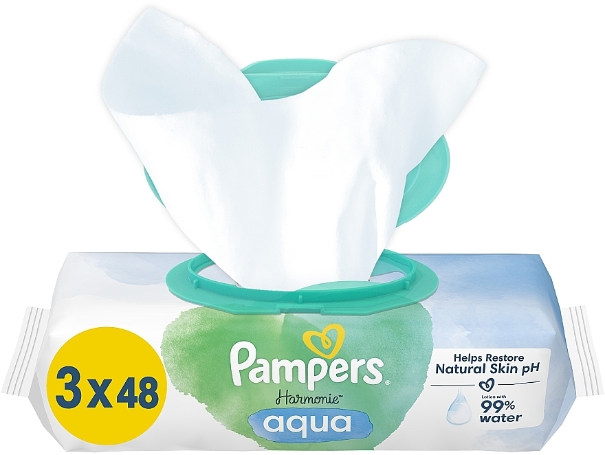 Детские влажные салфетки, 3x48 шт. - Pampers Harmonie Aqua Baby Wipes — фото N1