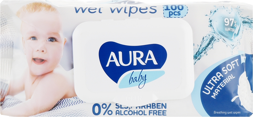 Детские влажные салфетки "Baby", 97% воды, с клапаном, 100шт - Aura