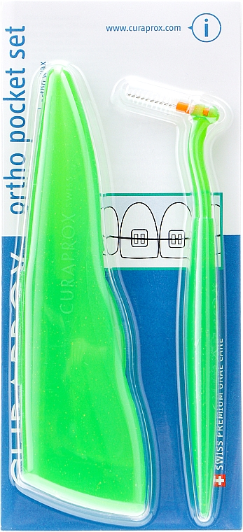 Набір "Ortho Pocket Set", зелений - Curaprox (brushes 07,14,18/3pcs + UHS/1pcs + orthod/wax/1pcs + box) — фото N1