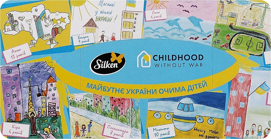 Серветки паперові у коробці "Діти без війни", 3 шари, 70 шт., блакитні - Silken — фото N1